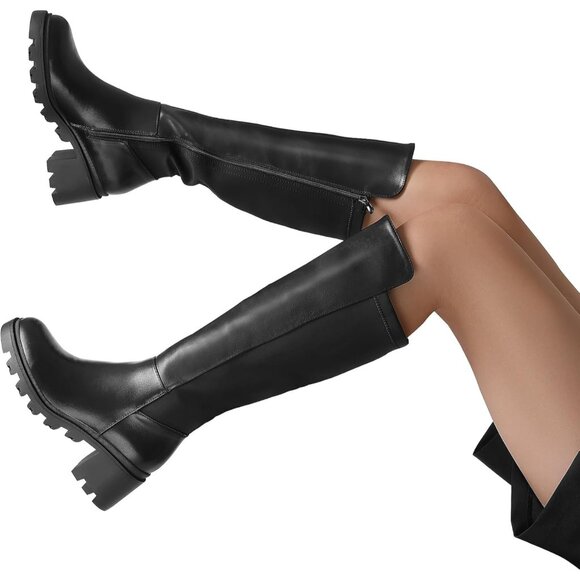 Women's Black Knee High Comfortable Platform Heel Round Toe Stretch Boots - Picture 7 of 7